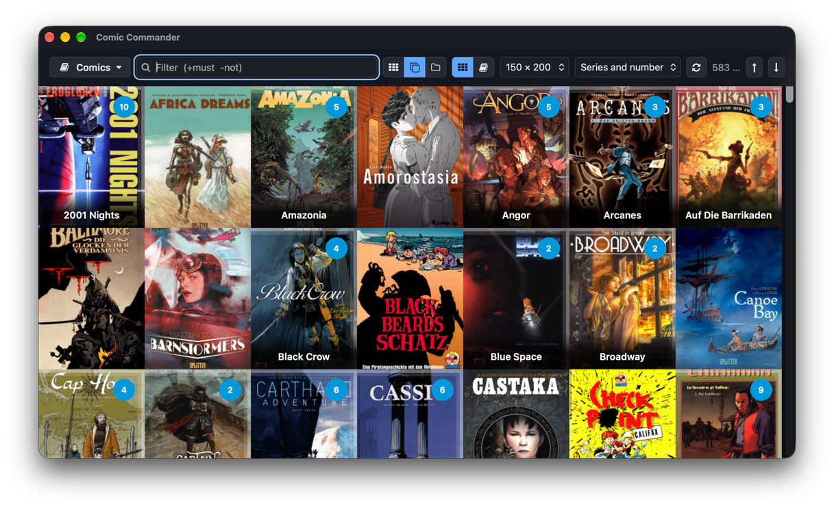 Comic Commander showing the category Comics as a borderless wall of covers grouped by series – 2001 Nights, Africa Dreams, Amazonia, Angor and more, each series with the number of volumes in a blue badge