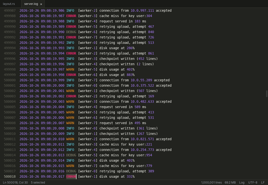A log file of 1,000,001 lines and 69.2 MB in a dark colour scheme, scrolled to line 500,000, with log levels INFO, WARN, ERROR and DEBUG in their own colours