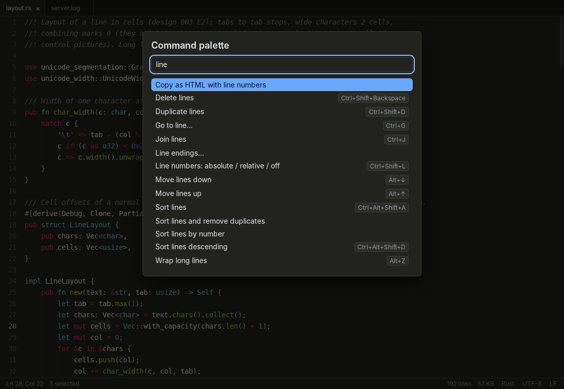 The command palette over a Rust file: typing “line” lists commands such as Delete lines, Duplicate lines, Go to line, Join lines, Line endings, Move lines and Sort lines, each with its shortcut