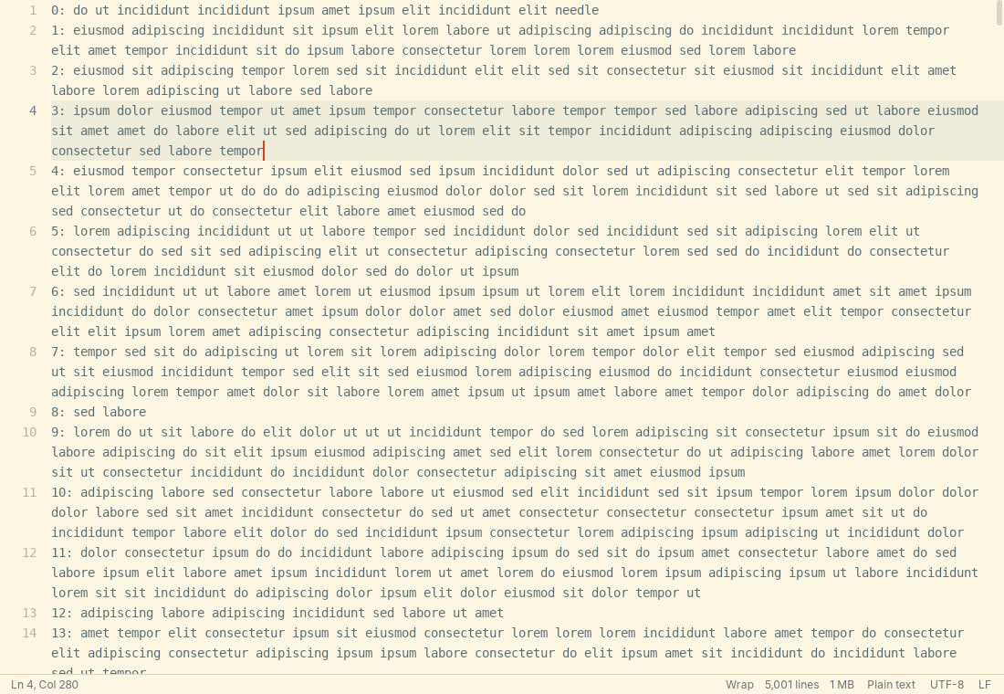 Soft wrap in the warm “sand” colour scheme: long lines of text break at word boundaries, the line numbers stay with the first row, the status bar says “Wrap”