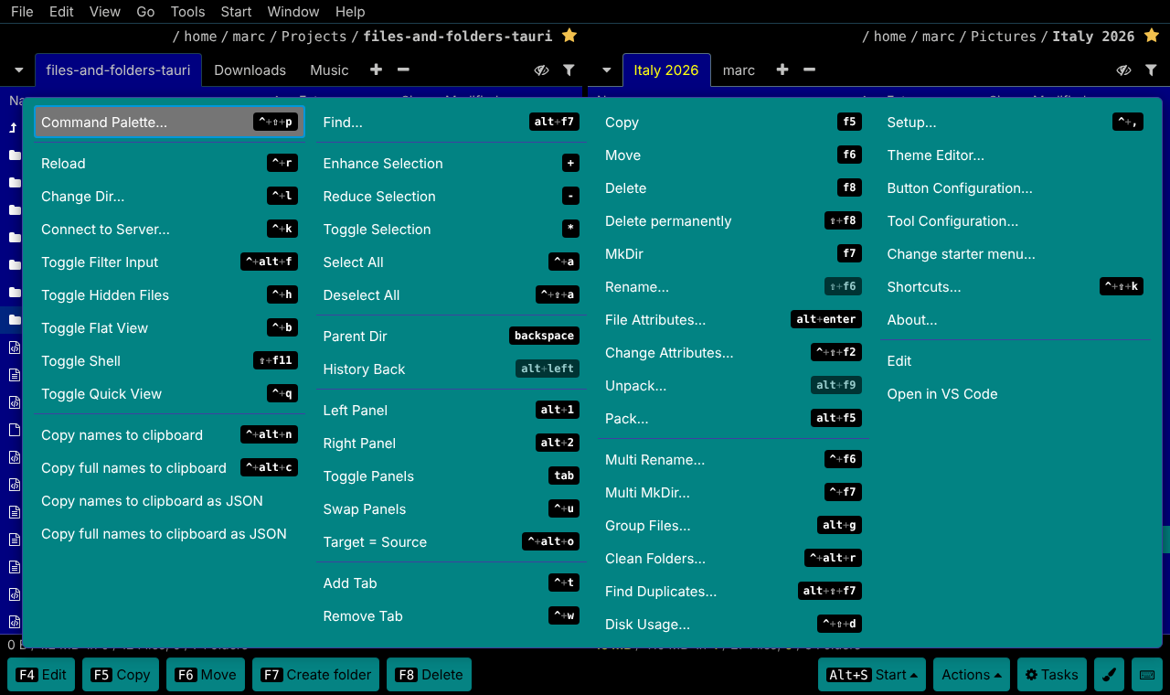 The Actions menu: every action grouped in four columns with its shortcut