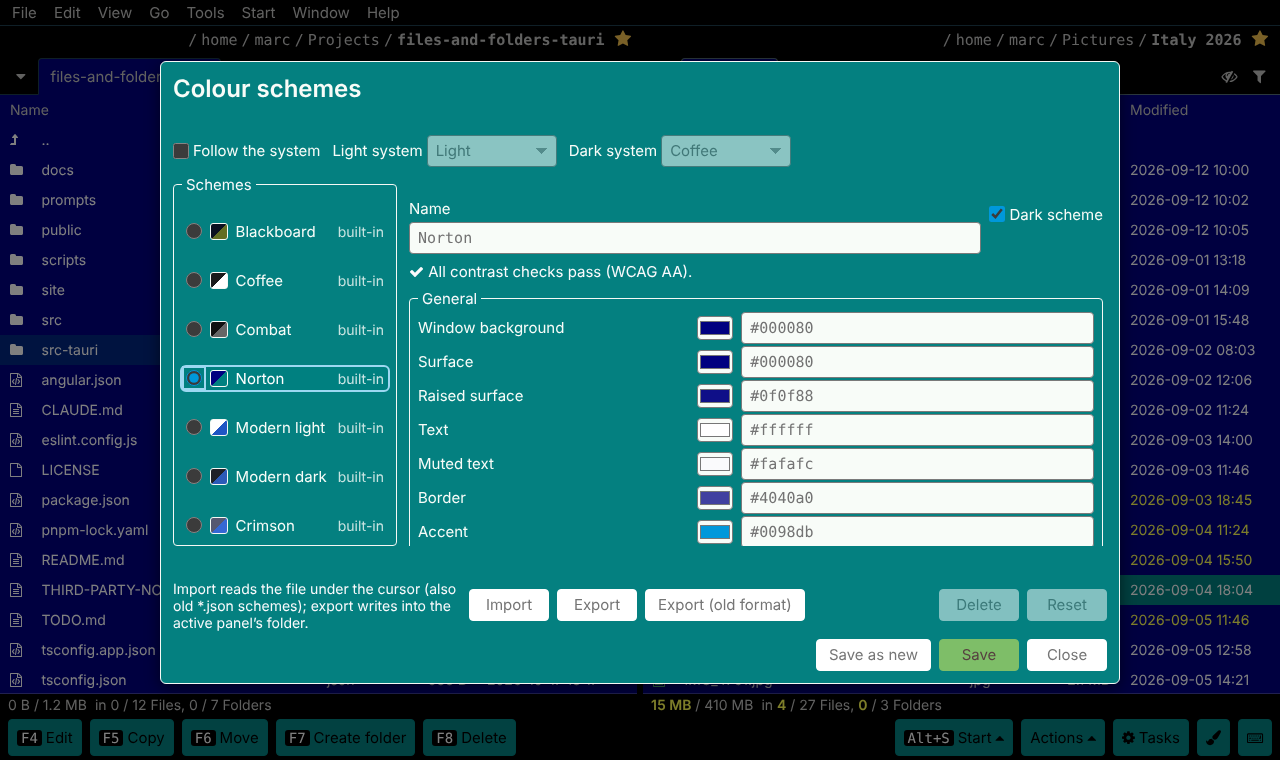 The colour scheme editor with the Norton scheme selected and the contrast check passed