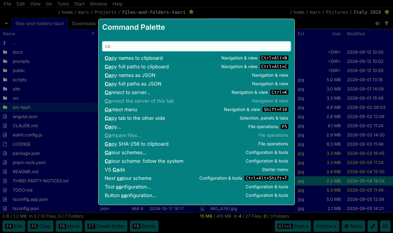 The Command Palette: typing co lists Copy, Connect to server, Colour schemes and more, each with its shortcut