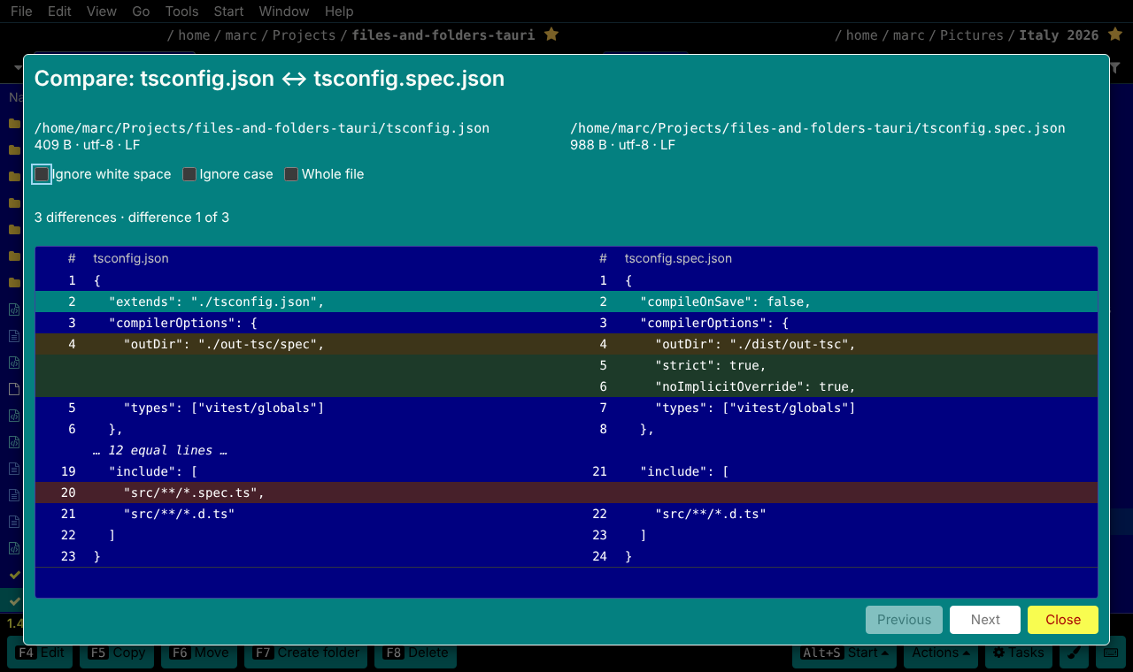 Two configuration files compared side by side with three coloured differences