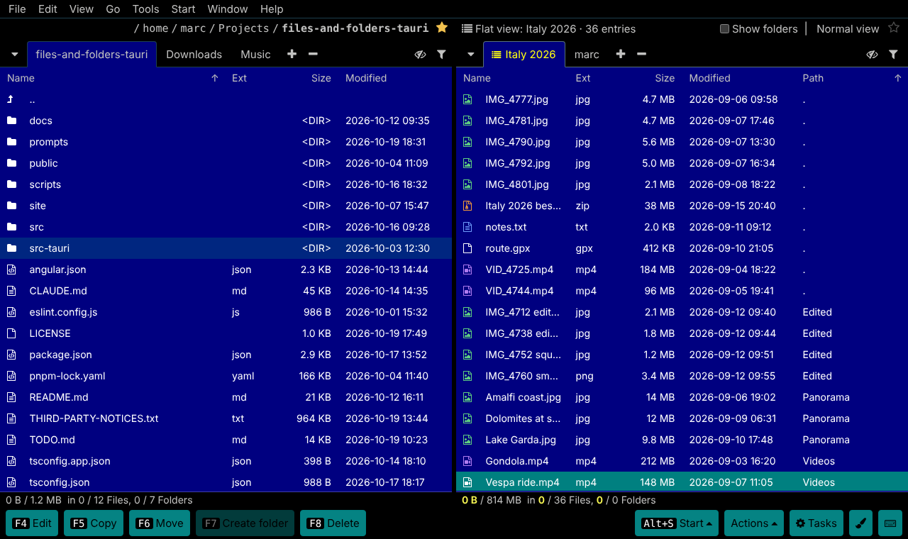 Flat view of the photo folder: 36 entries from the folder and its subfolders Edited, Panorama and Videos