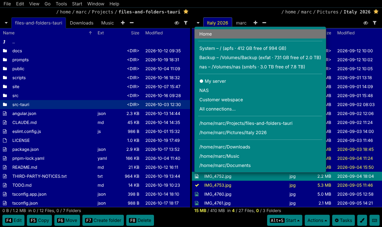 Two panels with tabs; the folder menu of the right panel lists Home, three drives with free space, servers, favourites and recent folders