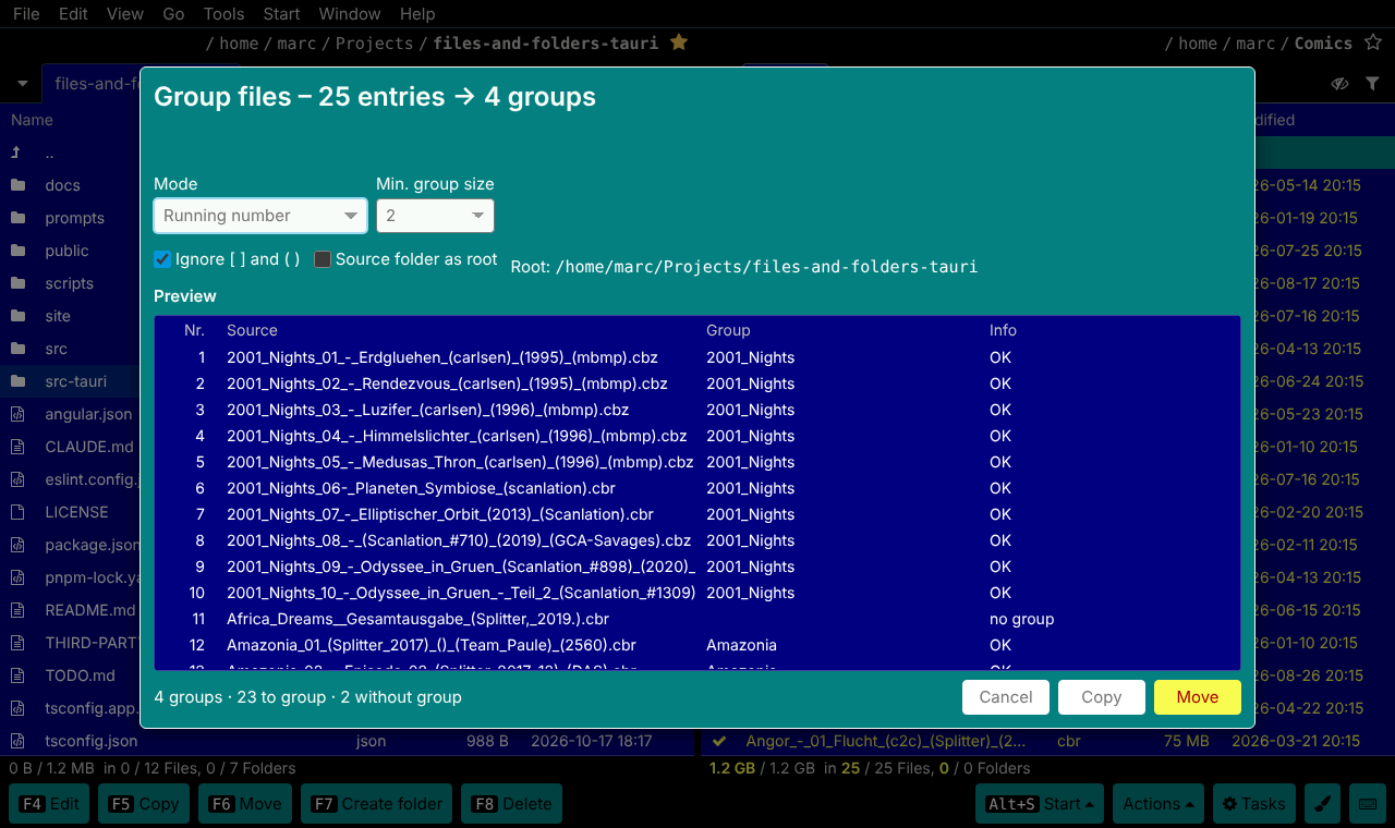 Group files: four photos go into the folder IMG, shown in a preview
