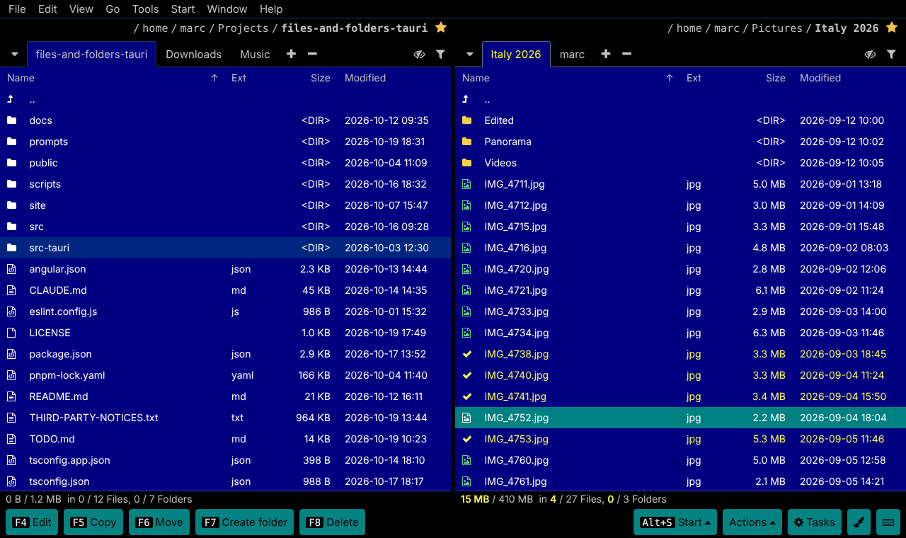 Files and Folders in the classic Norton colour scheme: the project folder on the left, holiday photos on the right with four of them marked, the function-key bar at the bottom