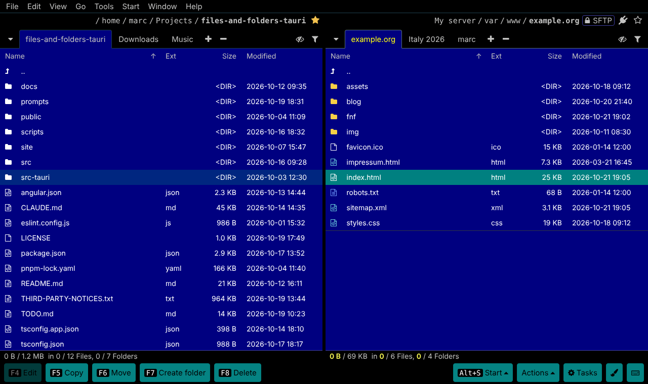 The right panel shows the folder example.org on an SFTP server