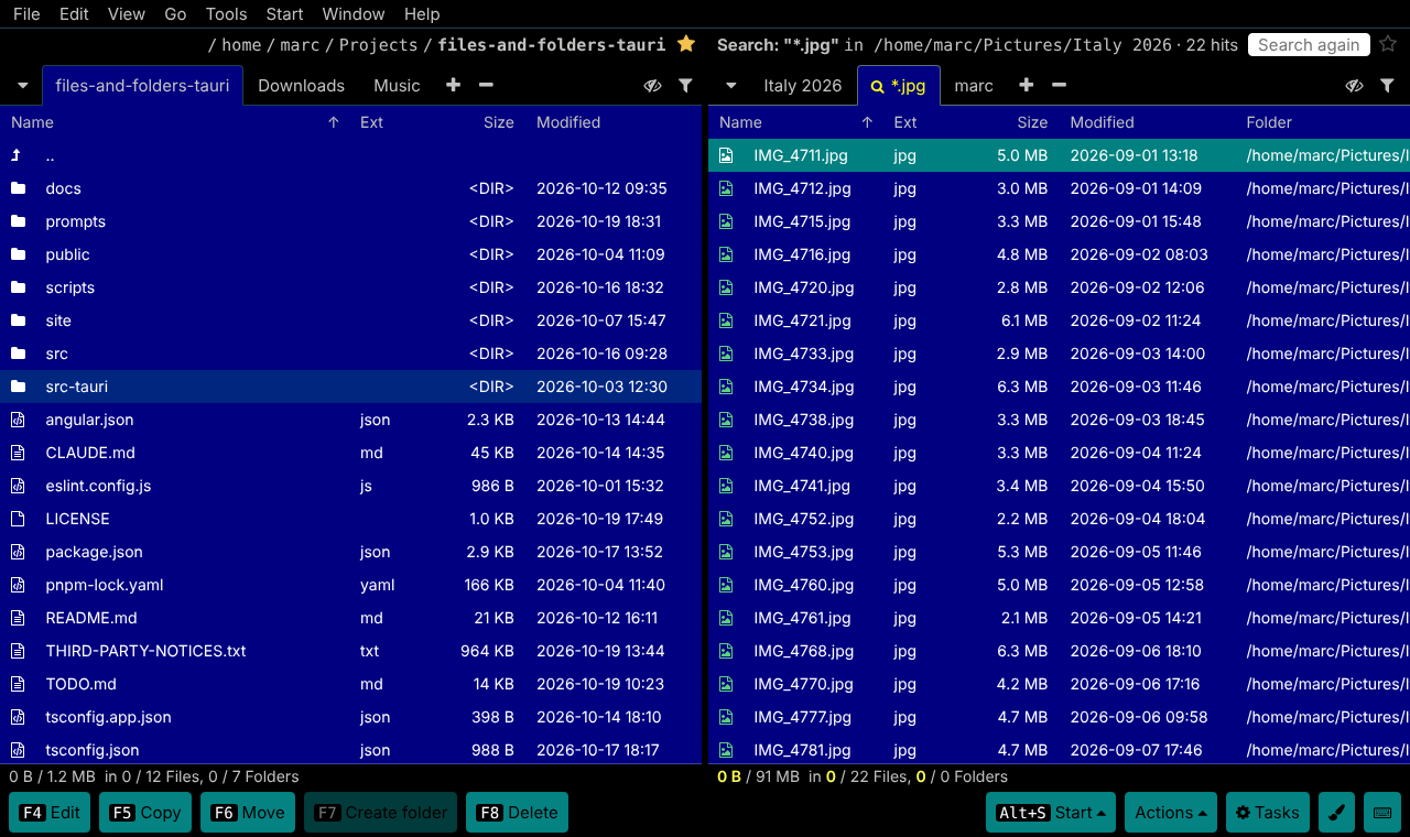 A search for *.jpg: 22 hits in their own tab with a folder column