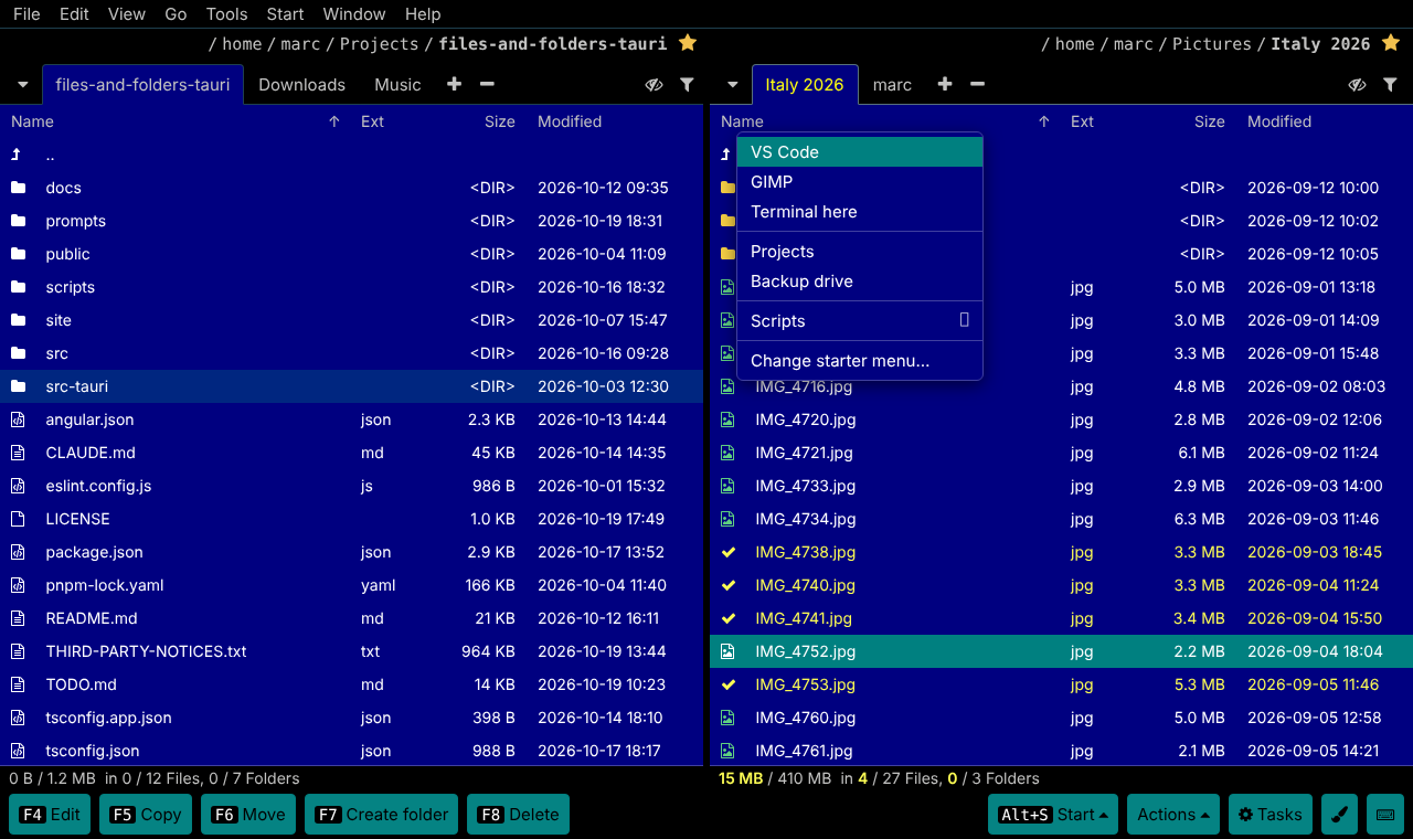 The starter menu with VS Code, GIMP, Terminal here, two folders and a submenu Scripts