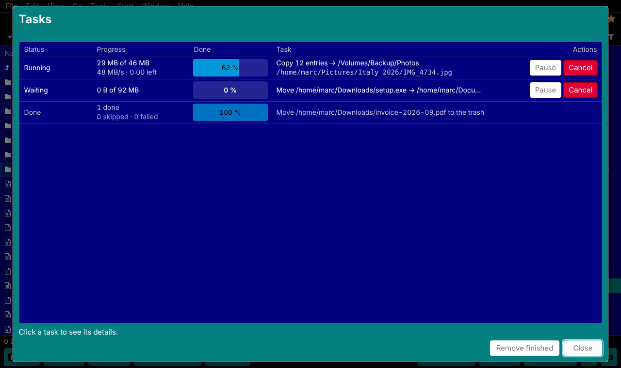The task list: a copy at 62 percent with rate and a pause button, a waiting move and a finished delete